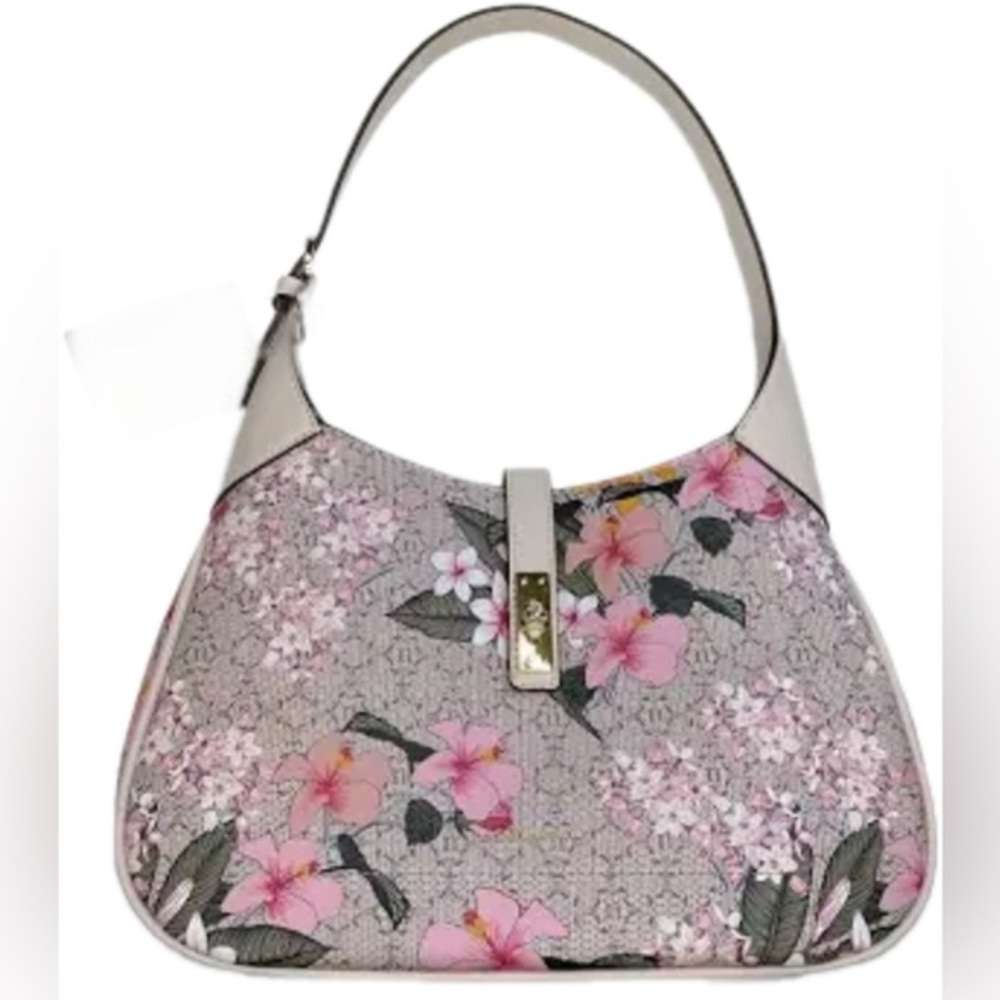 Nanette Lepore Report Pink/Beige Floral Logo Should Bag NWOT